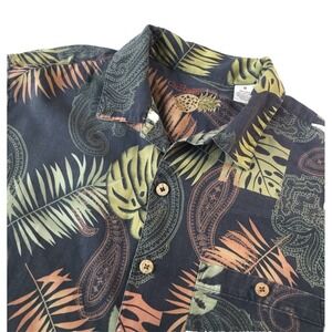 Caribbean Mens Shirt Medium Black Paisley Floral Tropica Silk Leaf Print SS